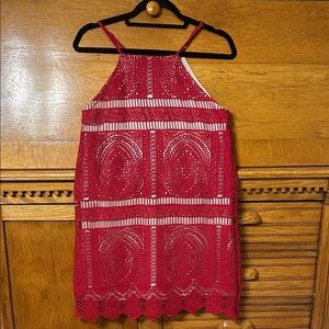 Francesca's Red Crochet Lace Overlay Over Nude Tank Dress High Neck Scallop Hem